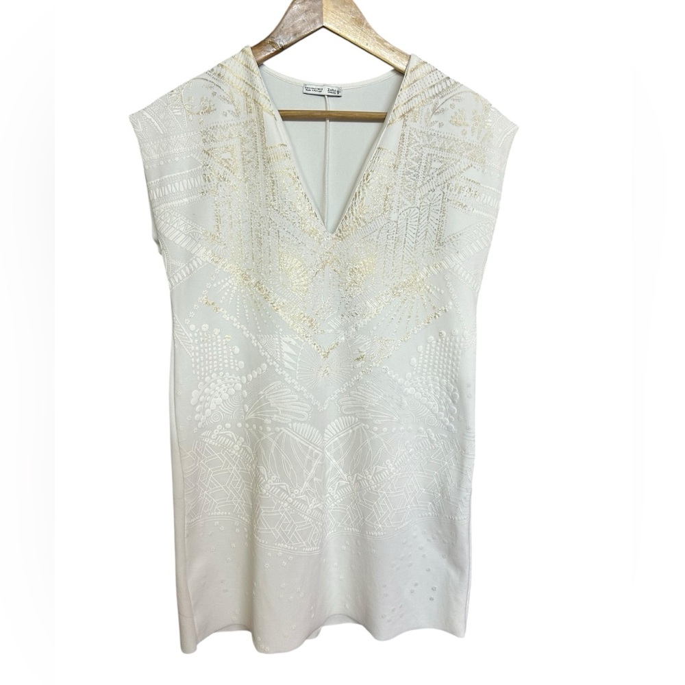 Zara Womens Dress Size S Off White Light Print Sleeveless Raw Hem Shift Tunic